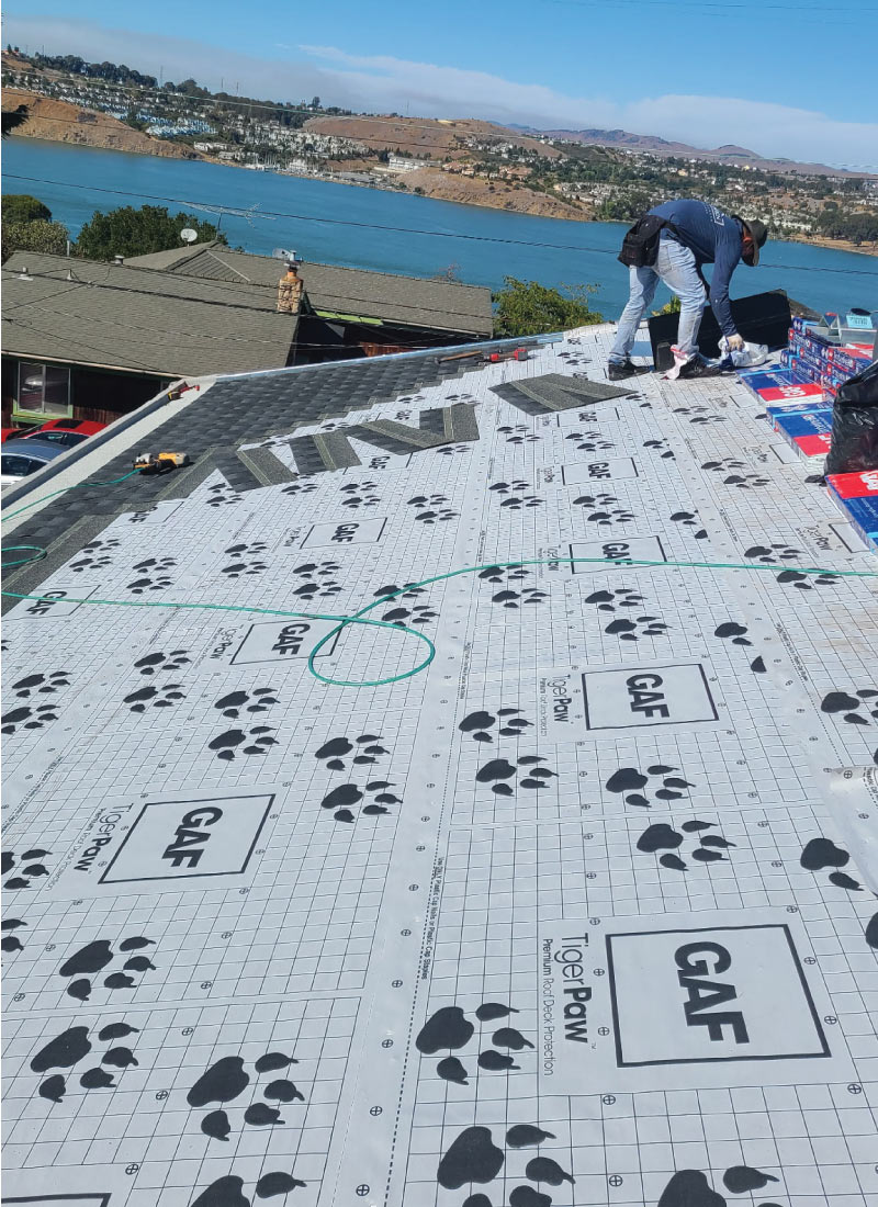 roofer installaing an asphalt shingle roofing in the bay area